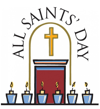All Saints Day text over a pulpit. At the bottom there are lit candles representing the saints who have passed on and joined the Church Triumphant